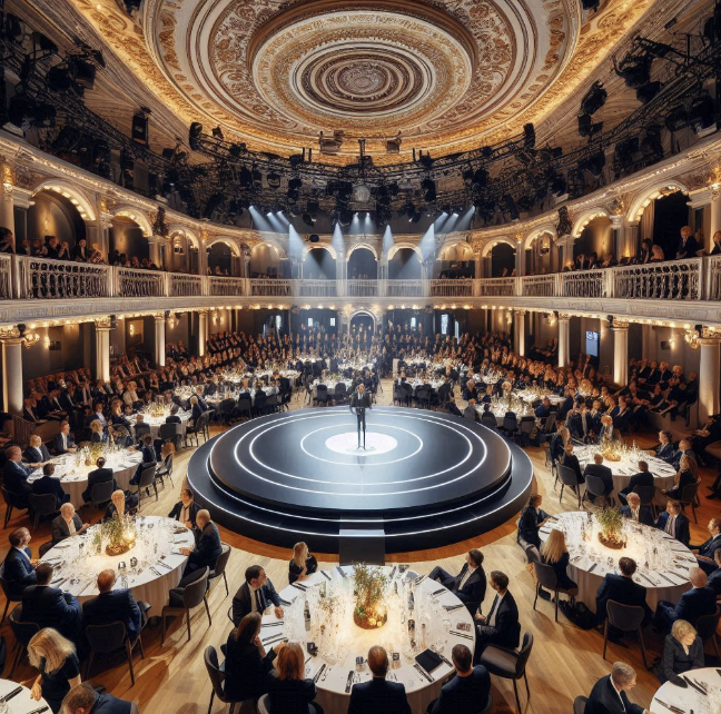 A stage in the center of a ballroom